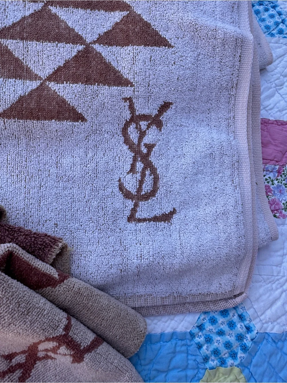Vintage 1970’s Yves Saint Laurent Brown and Cream Geometric Cotton Towel Set